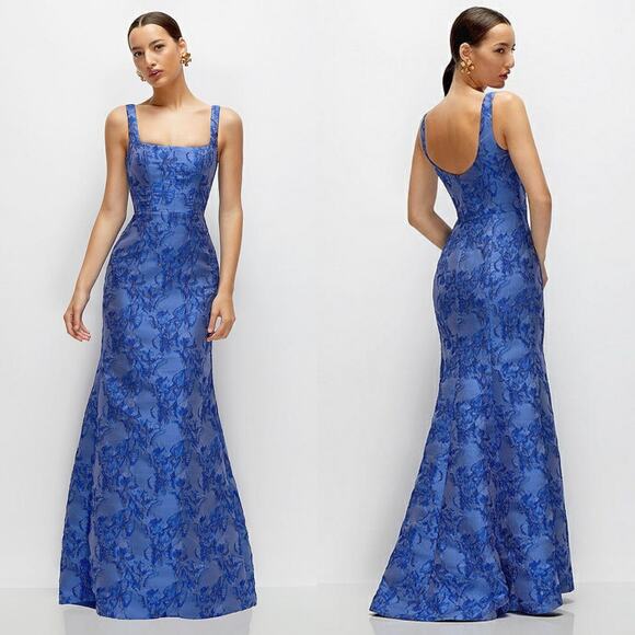 Dessy Collection Metallic Jacquard Trumpet Gown in Cobalt Blue Size 12 - Picture 1 of 11